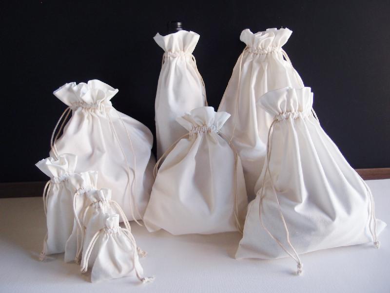 White Cotton Wine Bag with Ivory Stitching - 6" x 14"